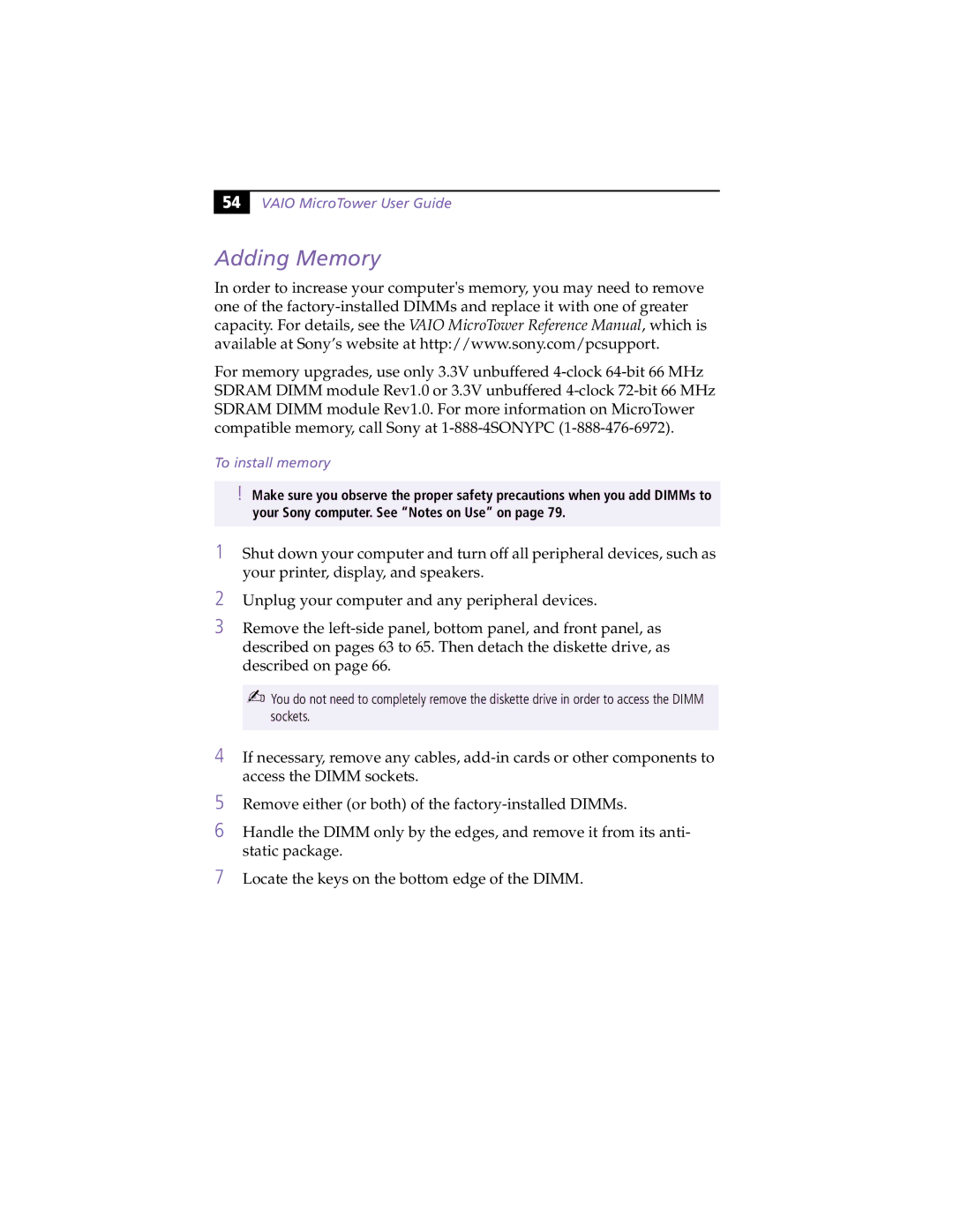 Sony MicroTower manual Adding Memory, To install memory 