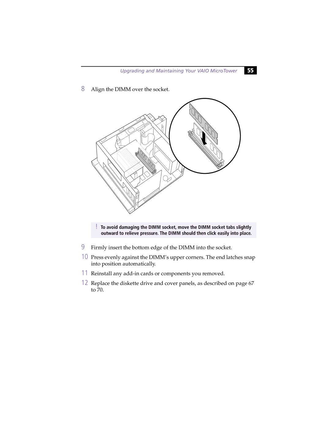 Sony MicroTower manual Align the Dimm over the socket 