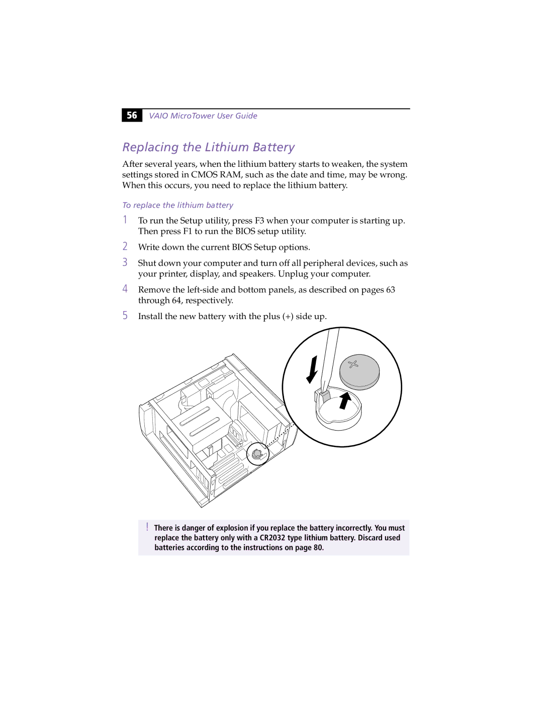 Sony MicroTower manual Replacing the Lithium Battery, To replace the lithium battery 