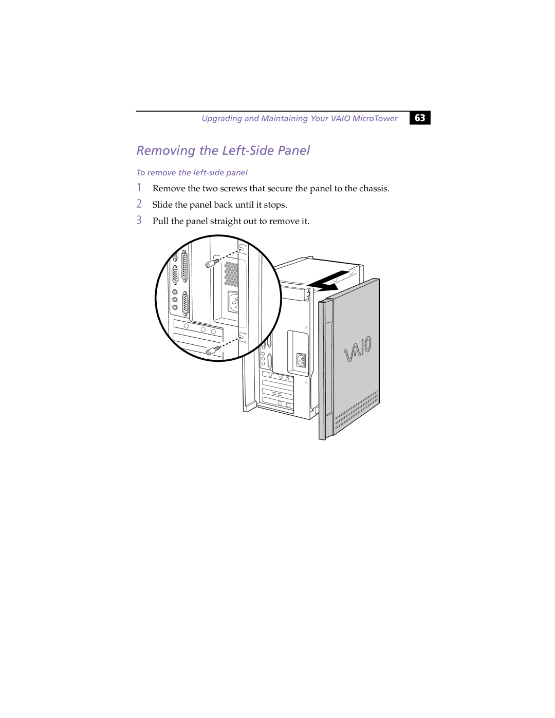 Sony MicroTower manual Removing the Left-Side Panel, To remove the left-side panel 