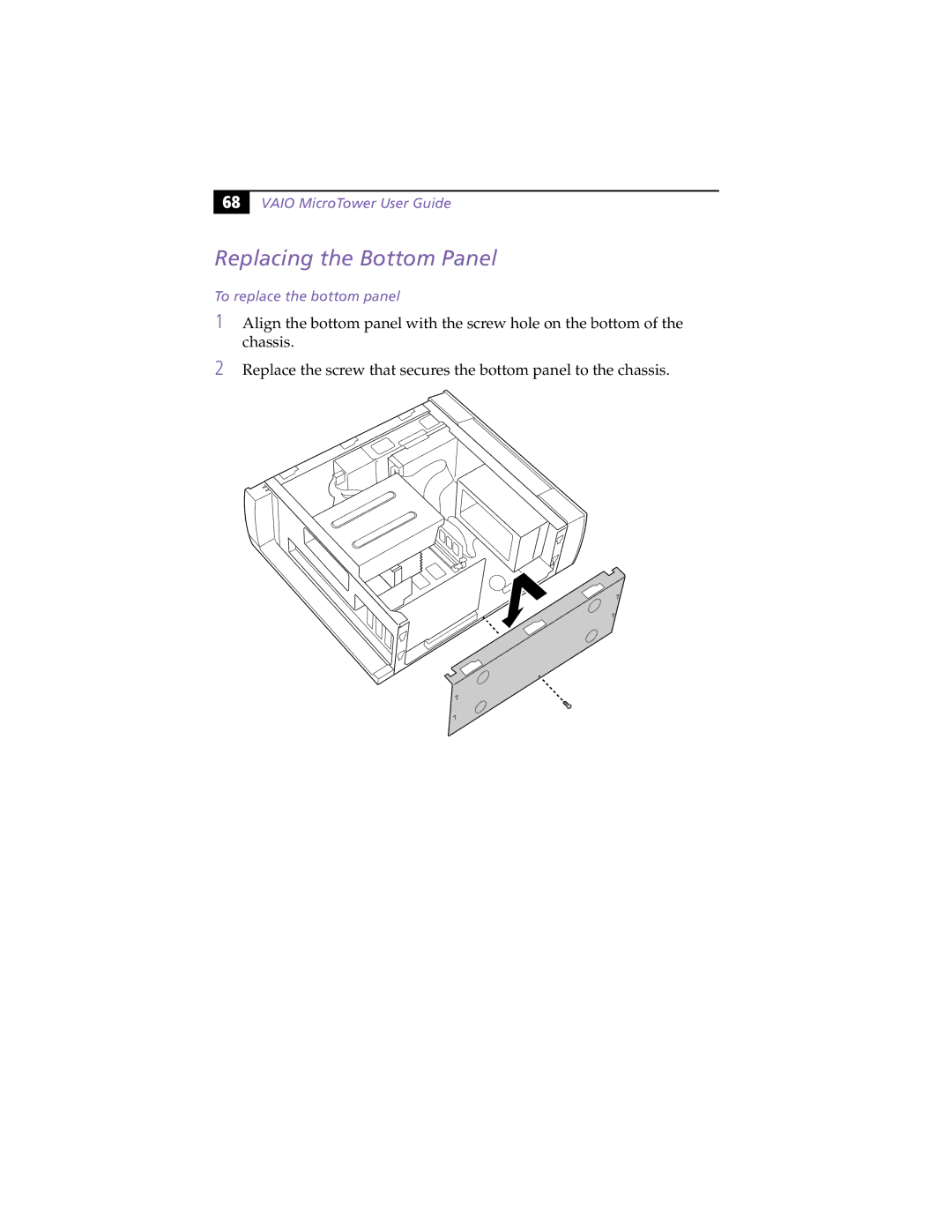 Sony MicroTower manual Replacing the Bottom Panel, To replace the bottom panel 