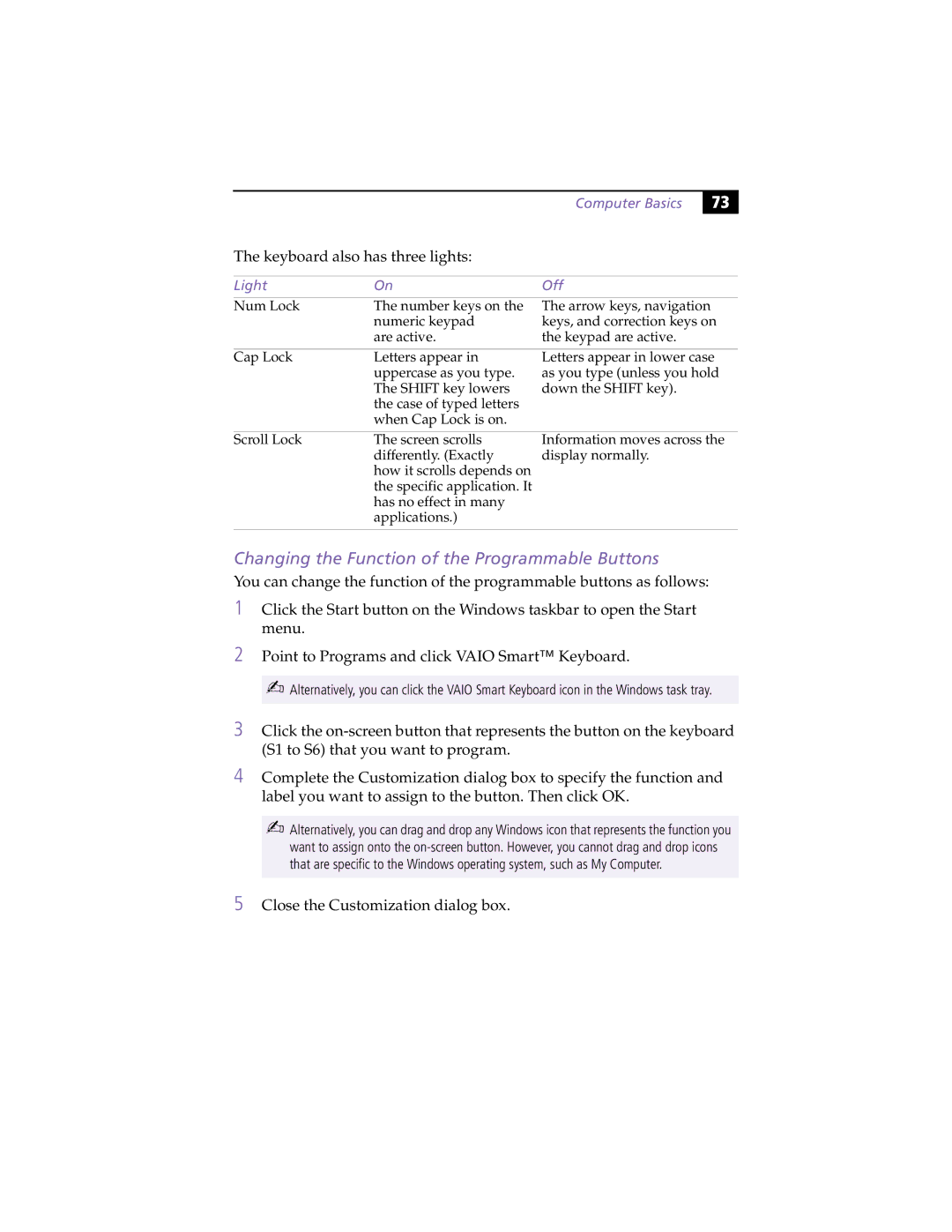 Sony MicroTower manual Changing the Function of the Programmable Buttons, Computer Basics, Light Off 