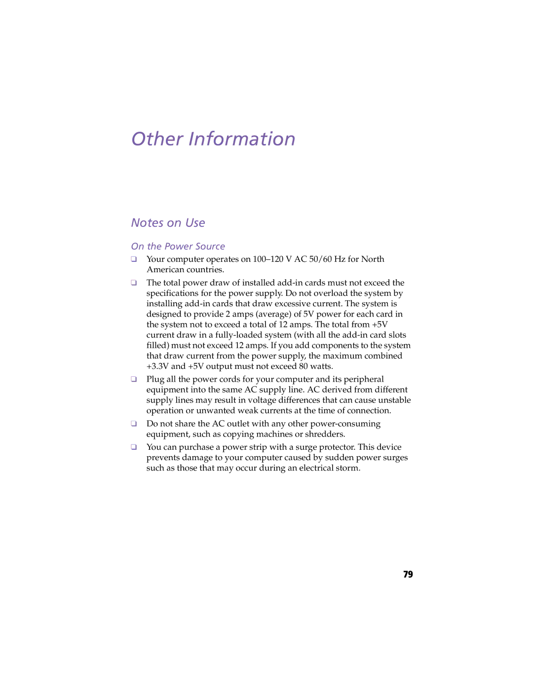 Sony MicroTower manual Other Information, On the Power Source 