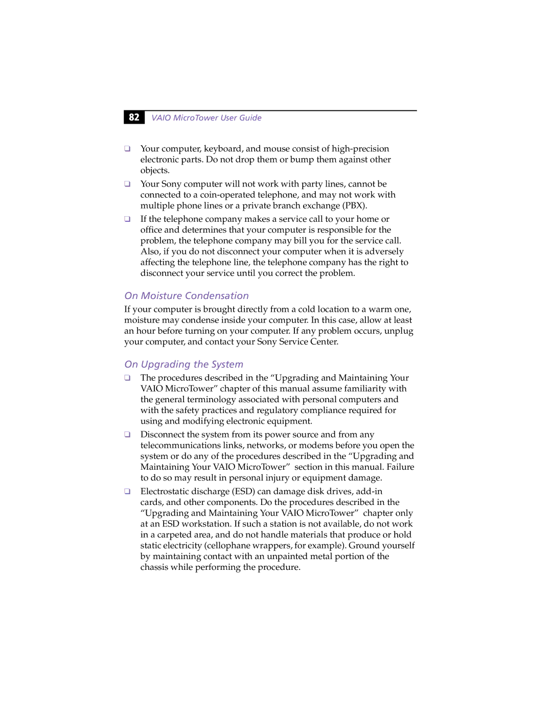 Sony MicroTower manual On Moisture Condensation, On Upgrading the System 