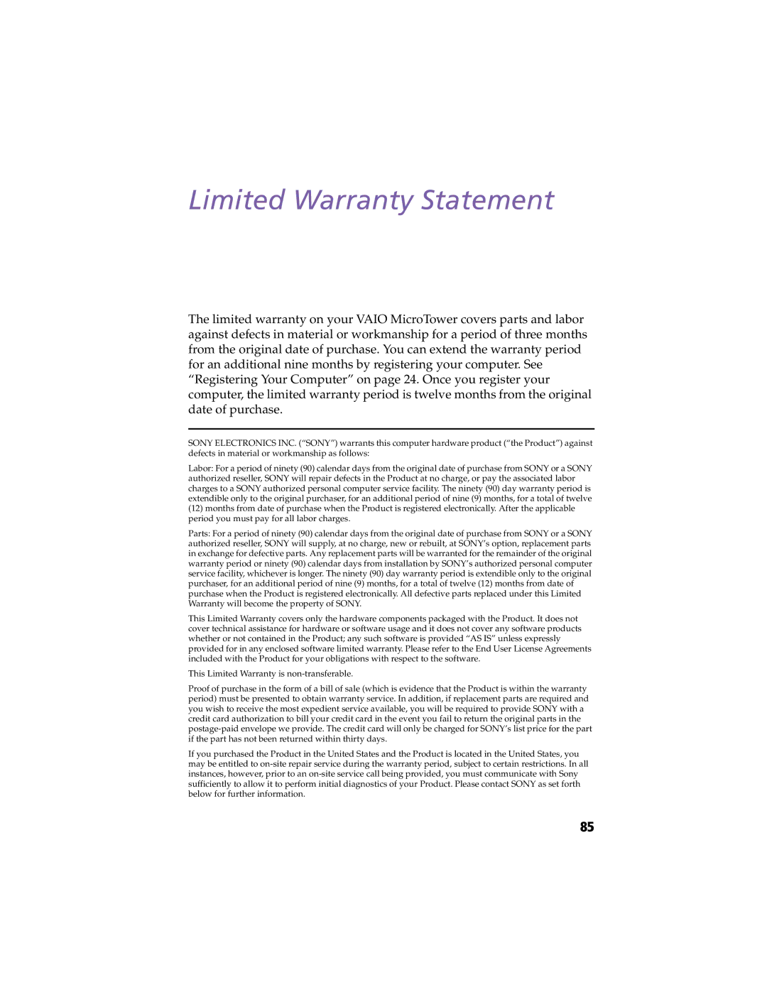 Sony MicroTower manual Limited Warranty Statement 