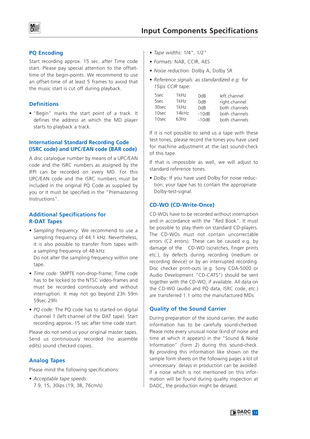 Sony MINIDISC manual PQ Encoding, Definitions, Additional Specifications for DAT Tapes, Analog Tapes, CD-WO CD-Write-Once 