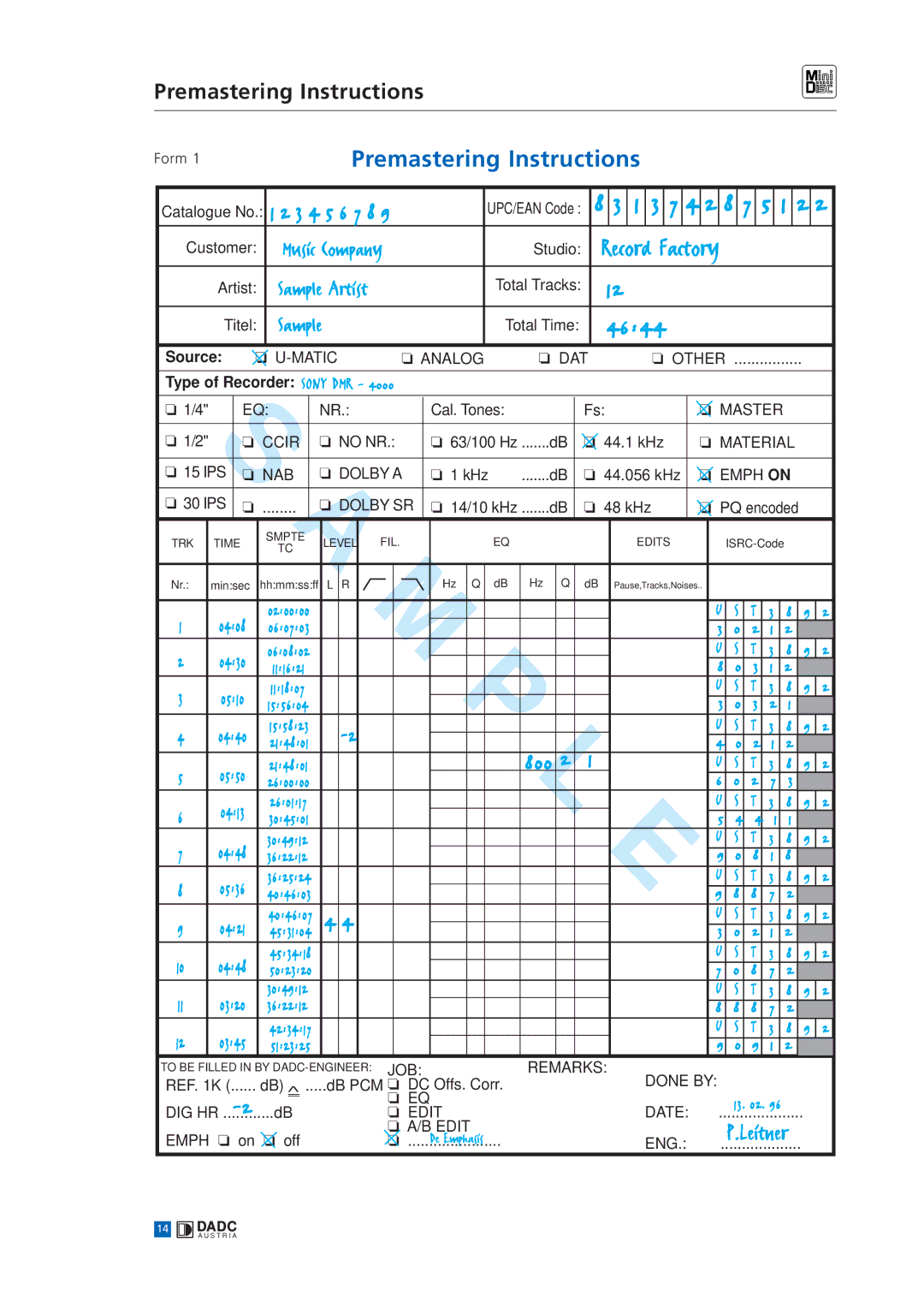 Sony MINIDISC manual Premastering Instructions 