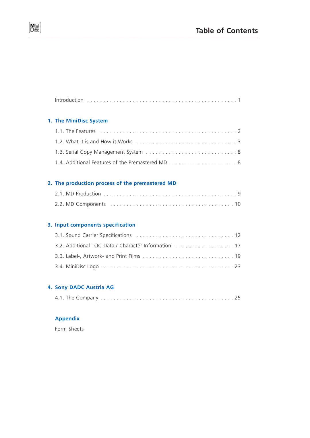 Sony MINIDISC manual Table of Contents 