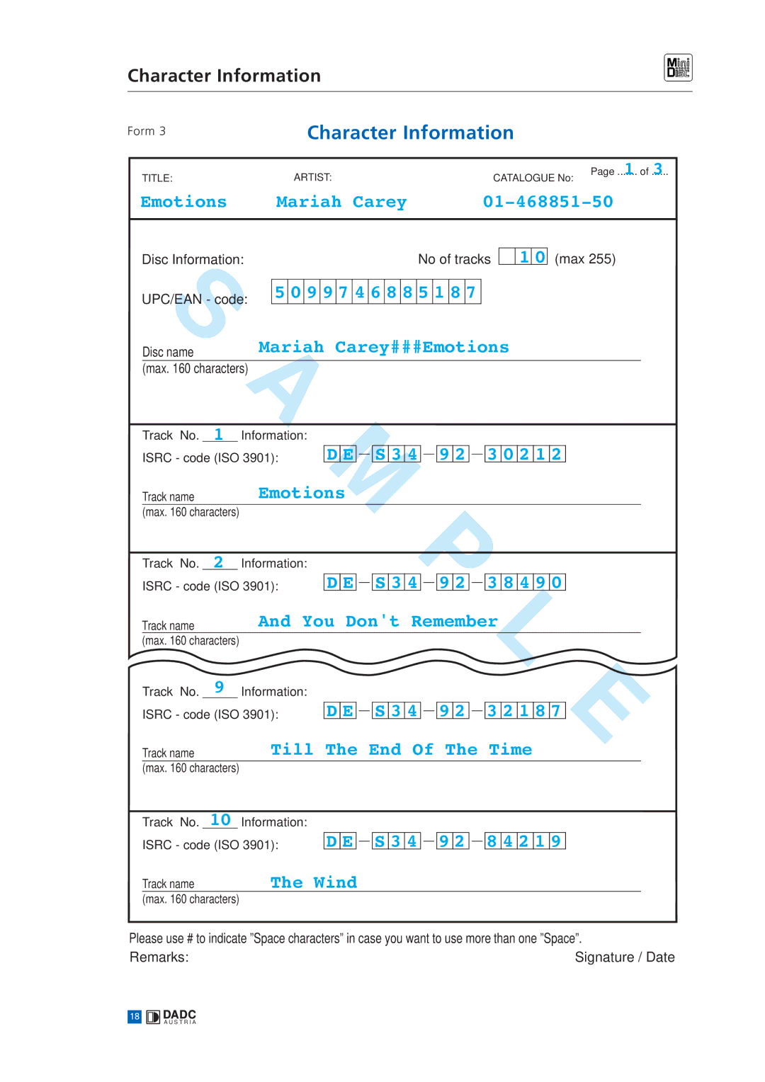 Sony MINIDISC manual Character Information 