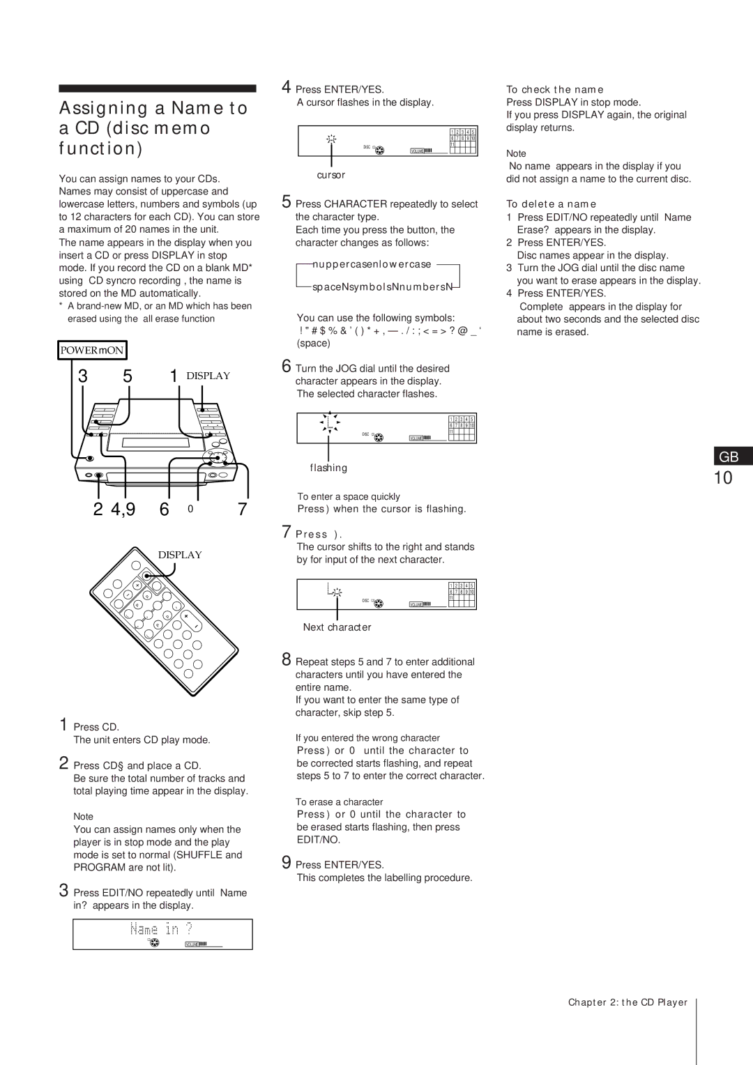 Sony MJ-L1A manual Assigning a Name to, CD disc memo function, To check the name, To delete a name 