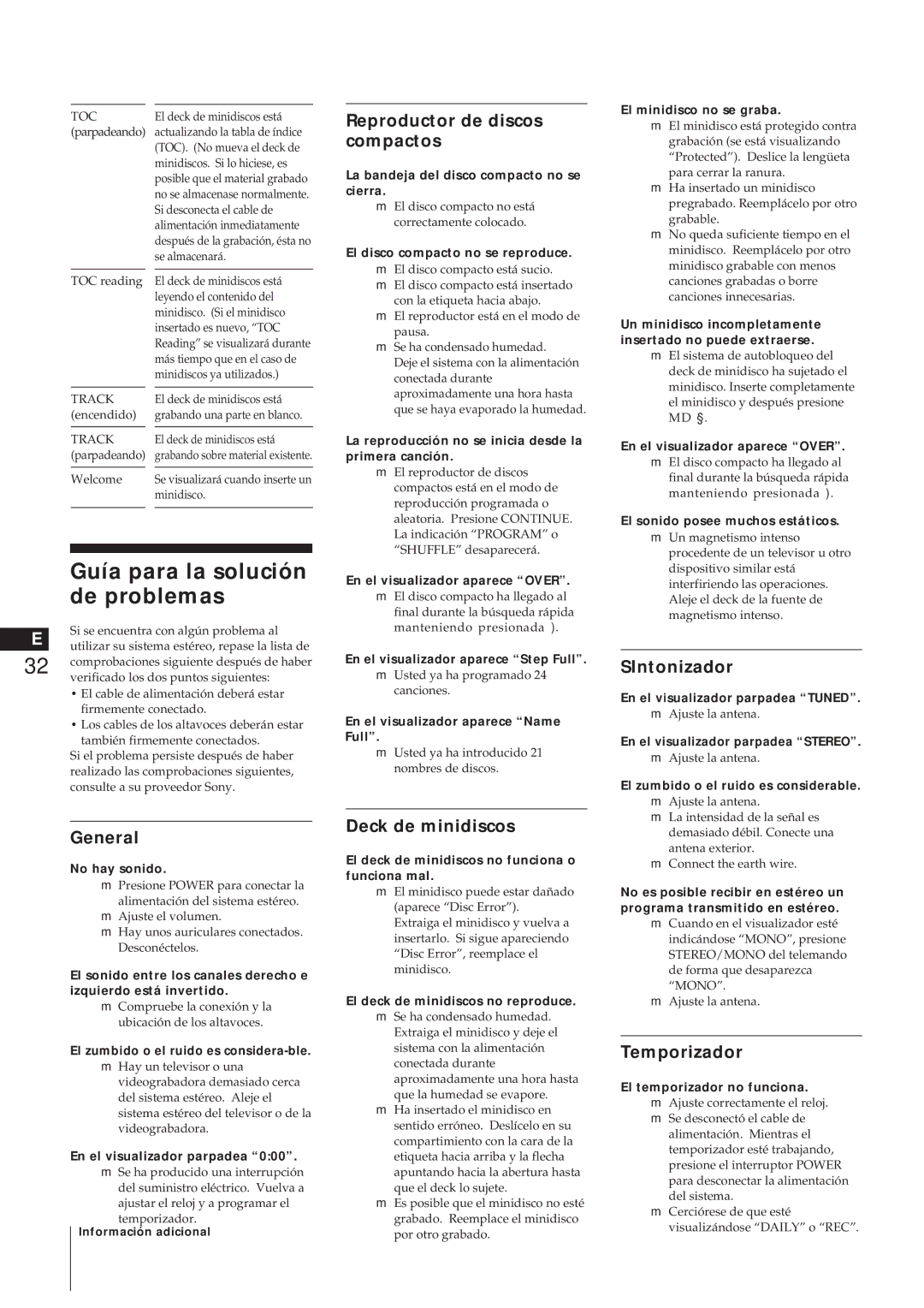 Sony MJ-L1A manual Guía para la solución de problemas, Reproductor de discos compactos, SIntonizador, Deck de minidiscos 