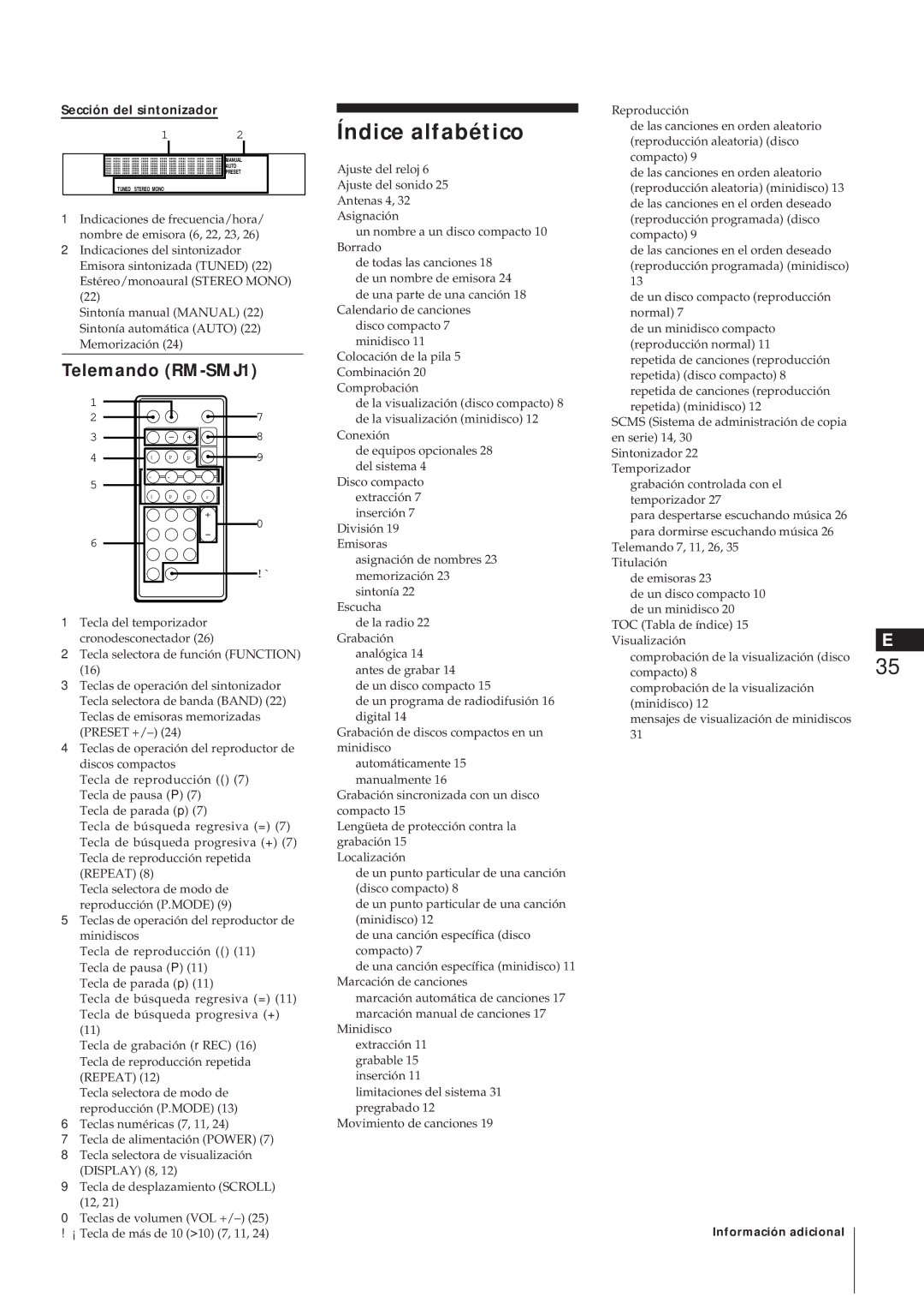 Sony MJ-L1A manual Índice alfabético, Telemando RM-SMJ1 