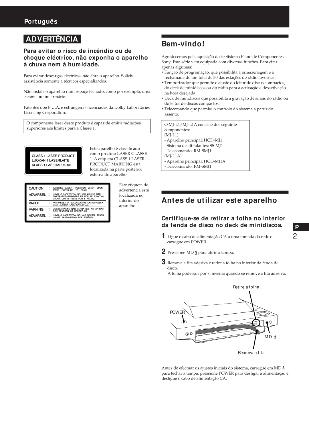 Sony MJ-L1A manual Bem-vindo, Antes de utilizar este aparelho, Retire a folha, MD § Remova a fita 