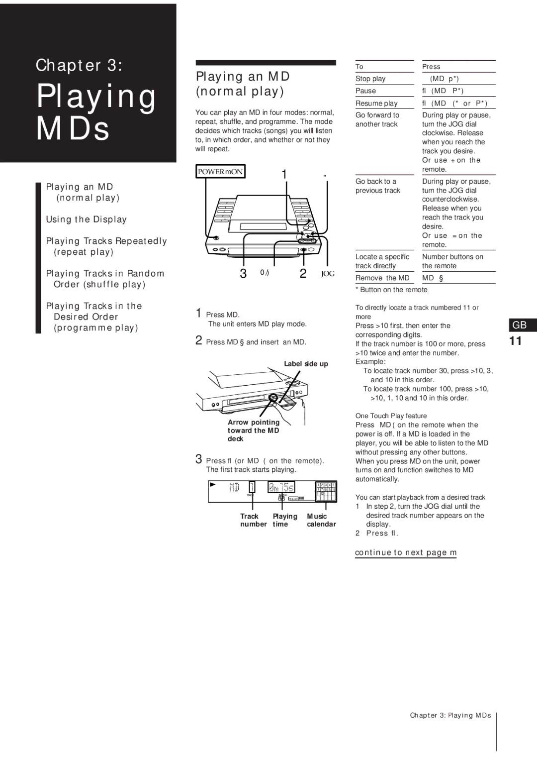 Sony MJ-L1A manual Playing an MD normal play, 2 JOG, Label side up Arrow pointing toward the MD deck 