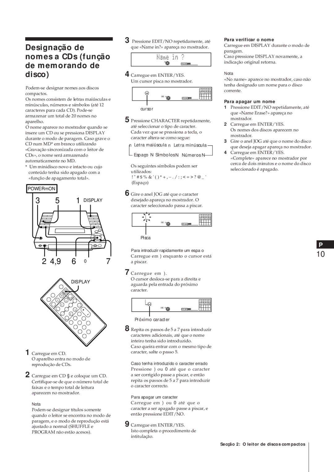 Sony MJ-L1A manual Designação de nomes a CDs função de memorando de disco, Para verificar o nome, Próximo caracter 