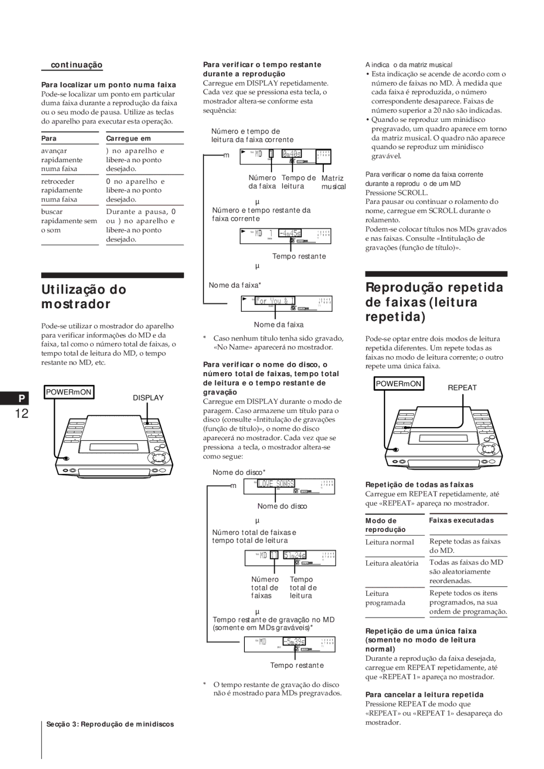 Sony MJ-L1A manual Utilização do mostrador, Tempo restante, Nome da faixa 