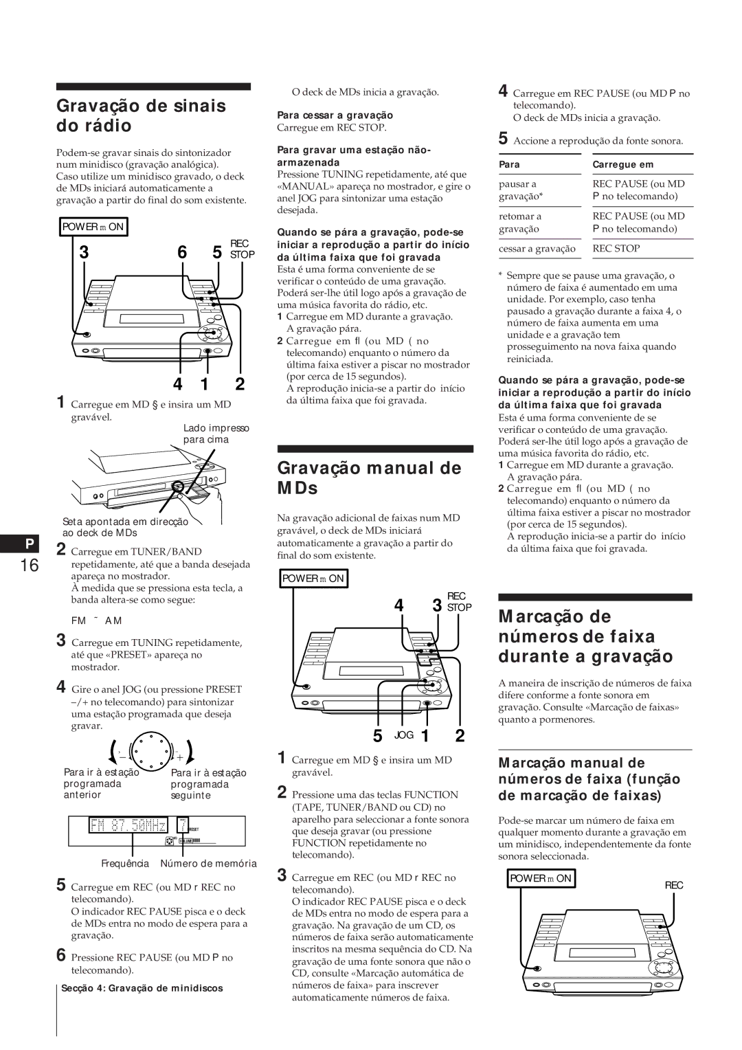 Sony MJ-L1A Gravação de sinais do rádio, Gravação manual de MDs, Marcação de números de faixa durante a gravação 