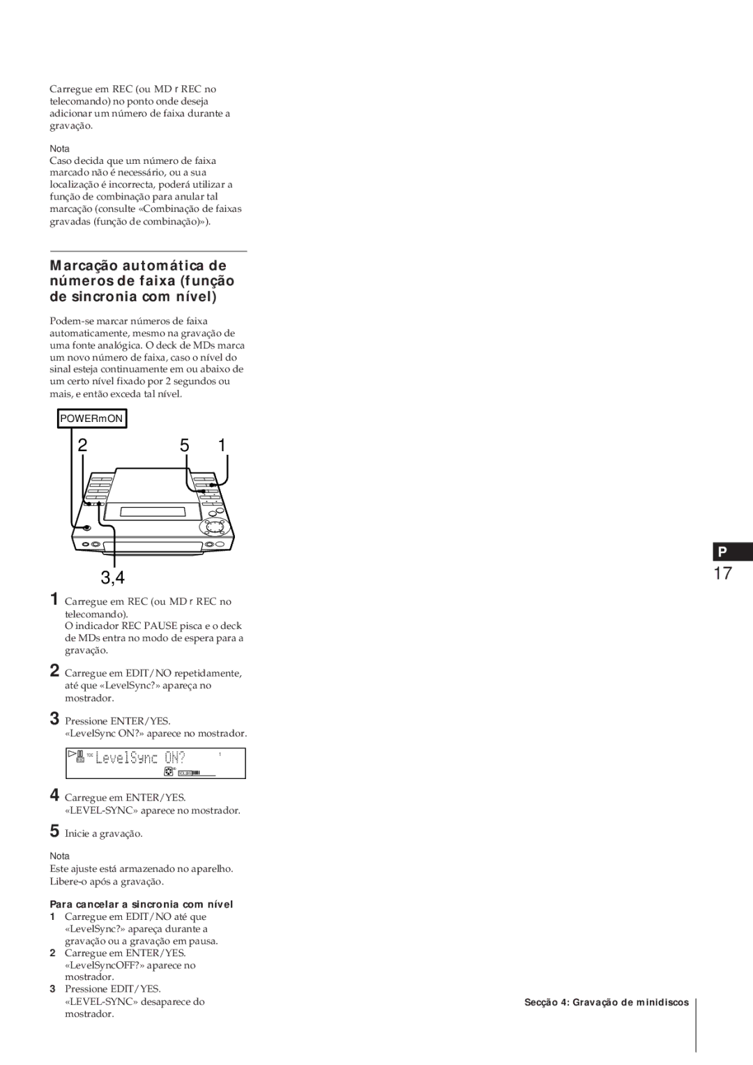 Sony MJ-L1A manual Para cancelar a sincronia com nível 