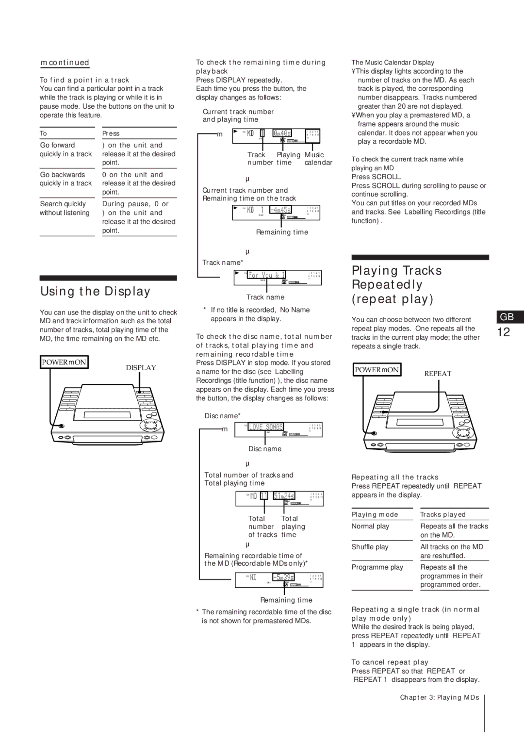 Sony MJ-L1A manual Track Playing Music Number time Calendar, Current track number Remaining time on the track, Disc name 