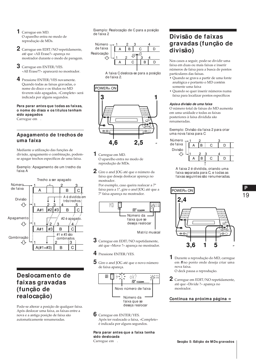 Sony MJ-L1A manual Divisão de faixas gravadas função de divisão, Deslocamento de faixas gravadas função de realocação 