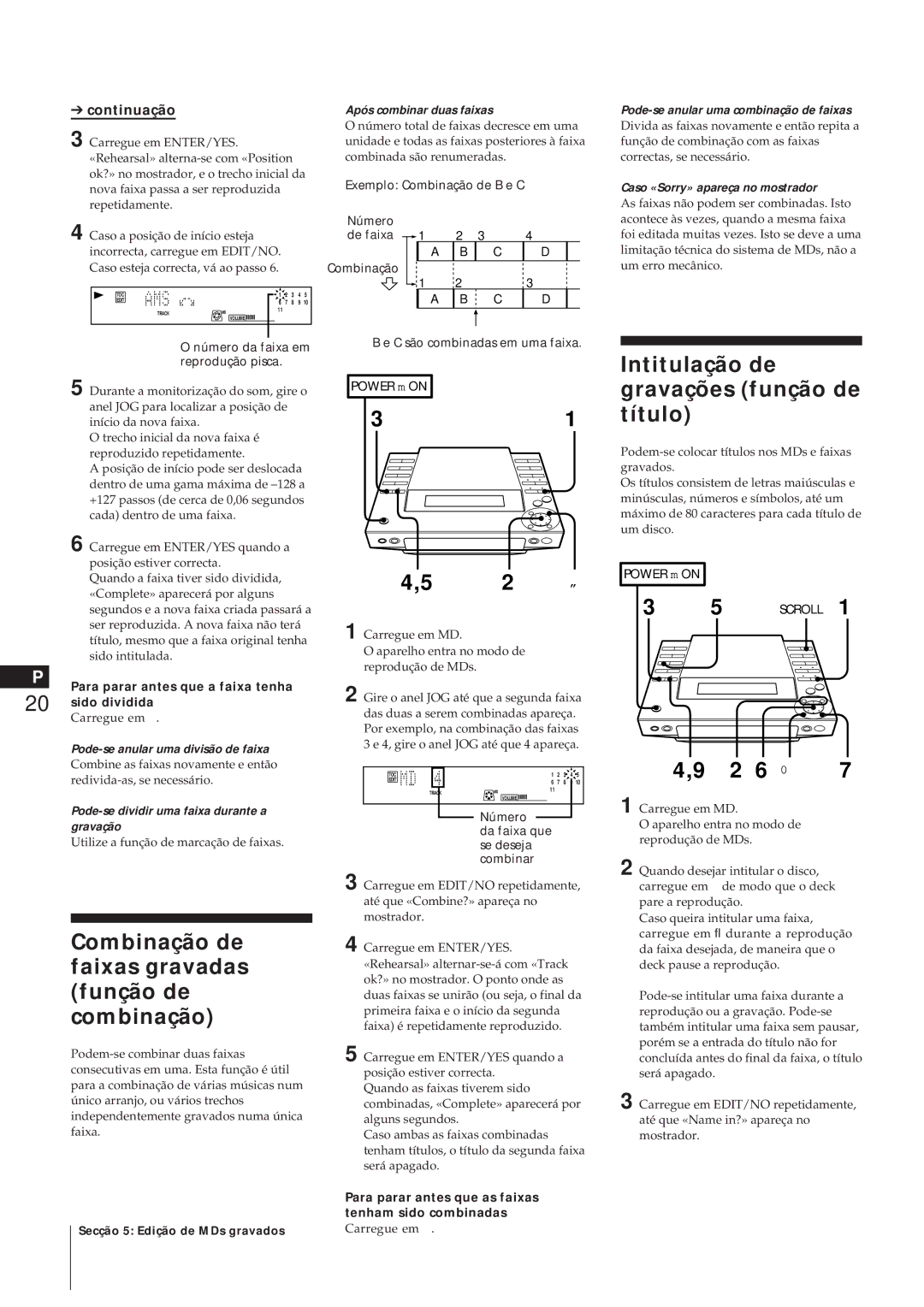 Sony MJ-L1A manual Intitulação de gravações função de título, Combinação de faixas gravadas função de combinação 