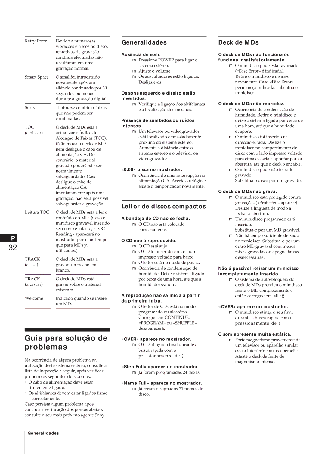 Sony MJ-L1A manual Guia para solução de problemas, Generalidades, Leitor de discos compactos, Deck de MDs 