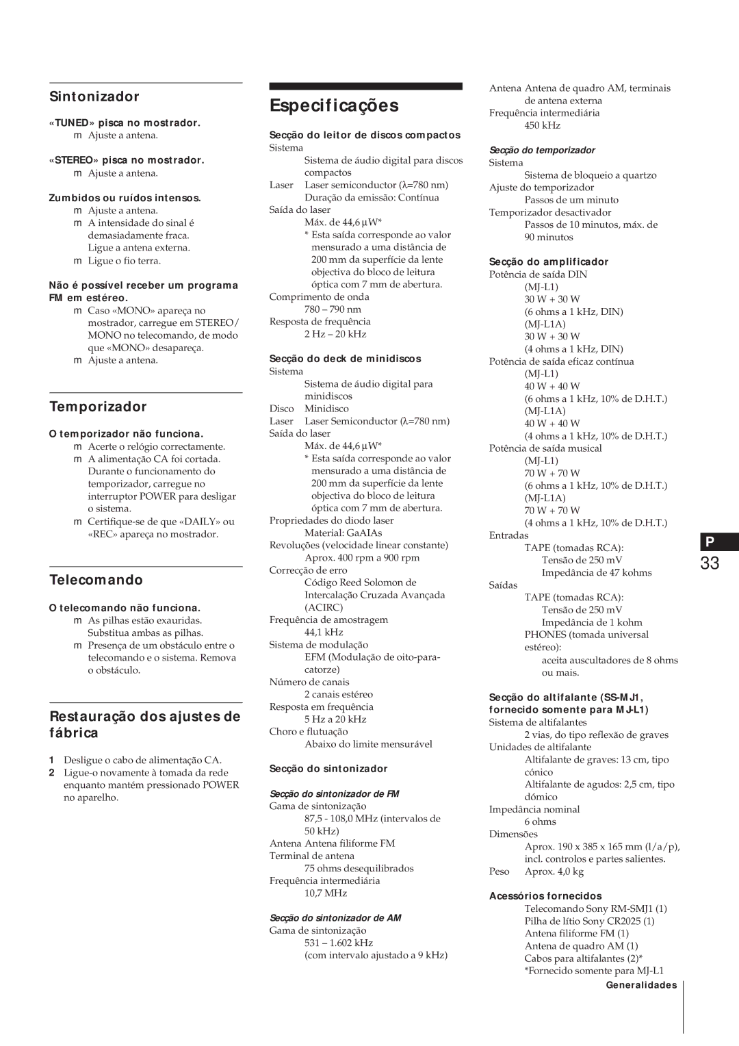 Sony MJ-L1A manual Especificações, Telecomando, Restauração dos ajustes de fábrica 