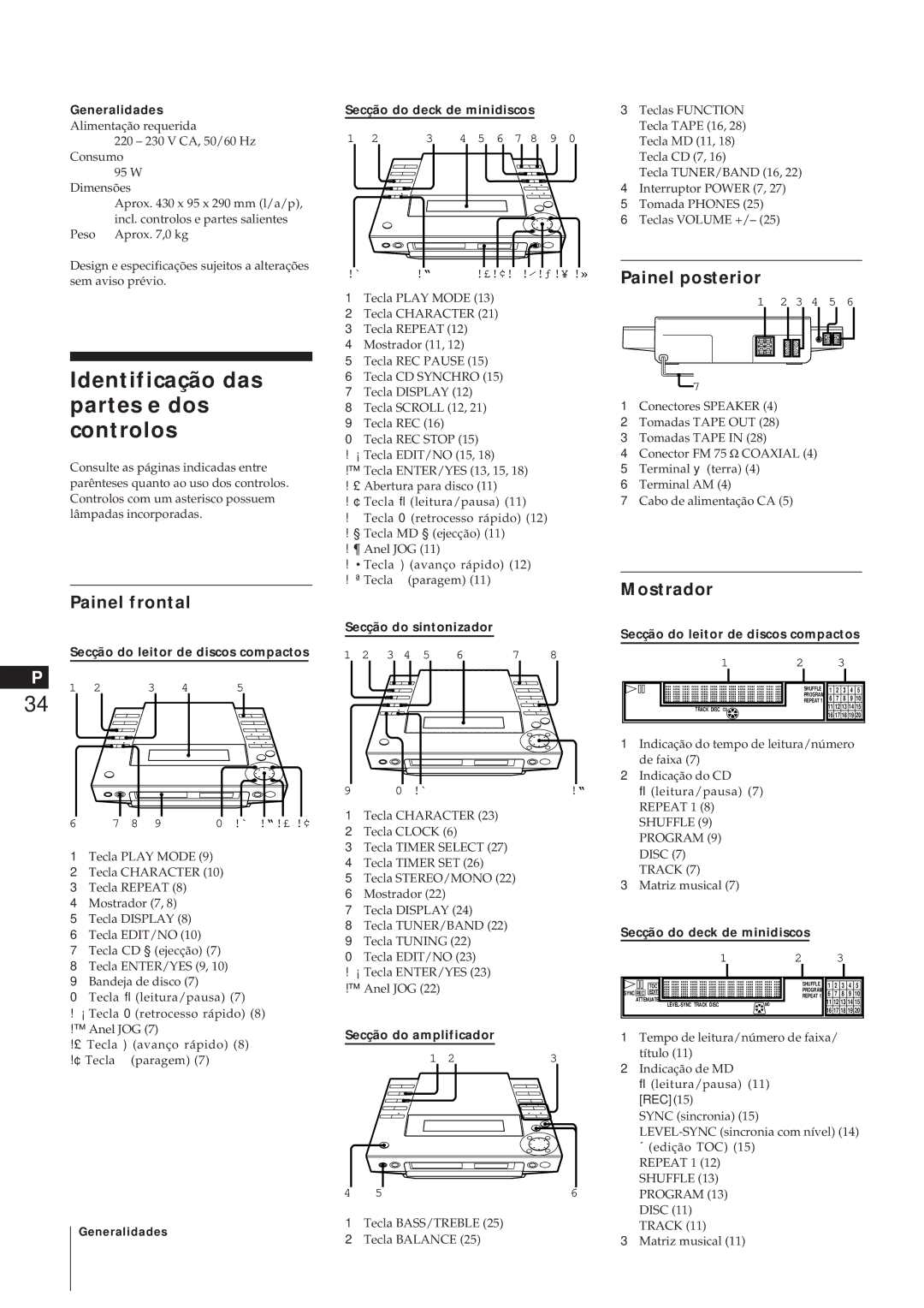 Sony MJ-L1A manual Identificação das partes e dos controlos, Painel posterior, Mostrador Painel frontal, Generalidades 