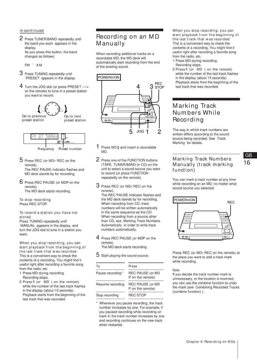 Sony MJ-L1A manual Recording on an MD Manually, Stop JOG 1, Marking Track Numbers While Recording 