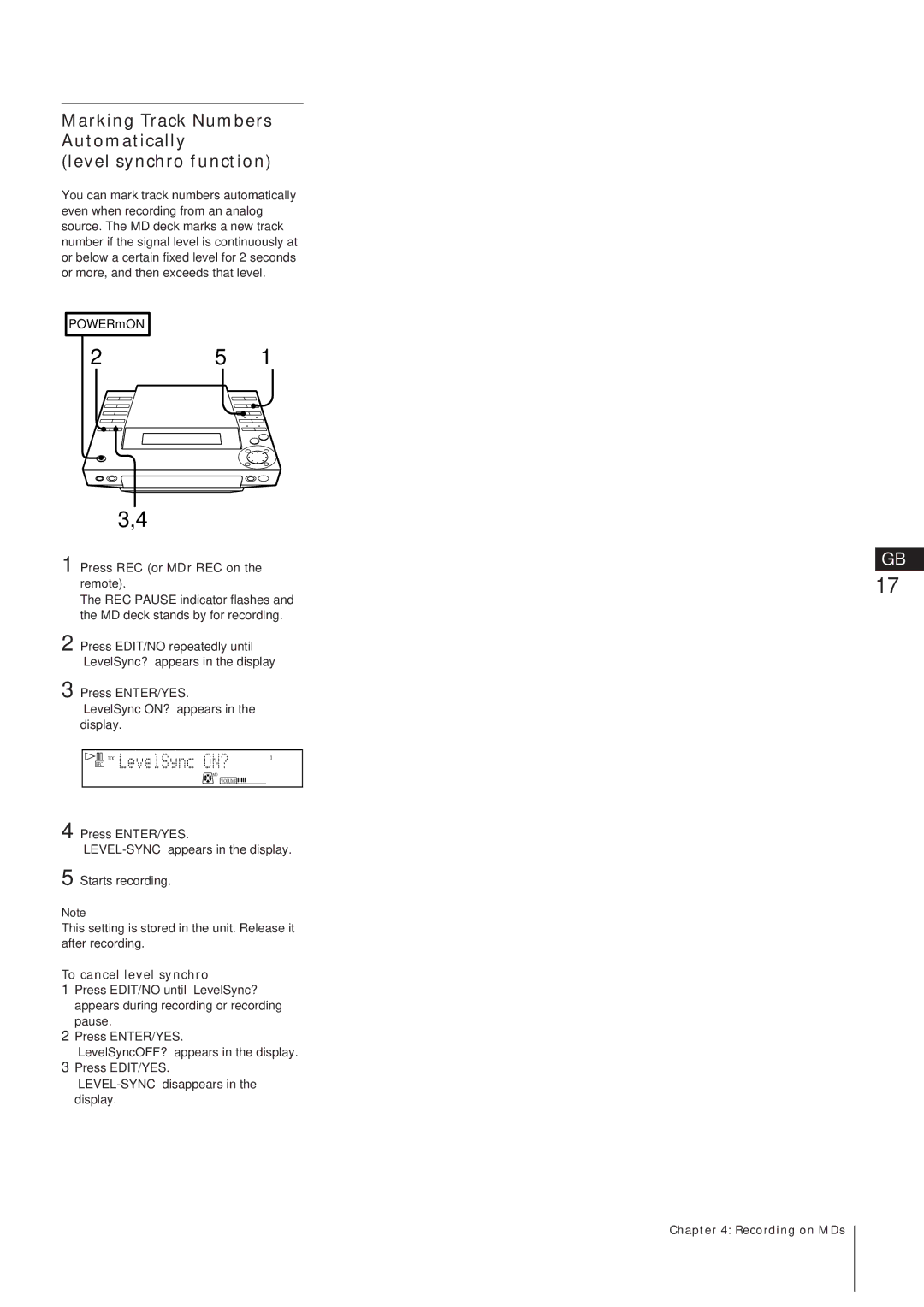 Sony MJ-L1A manual Marking Track Numbers Automatically Level synchro function, To cancel level synchro 