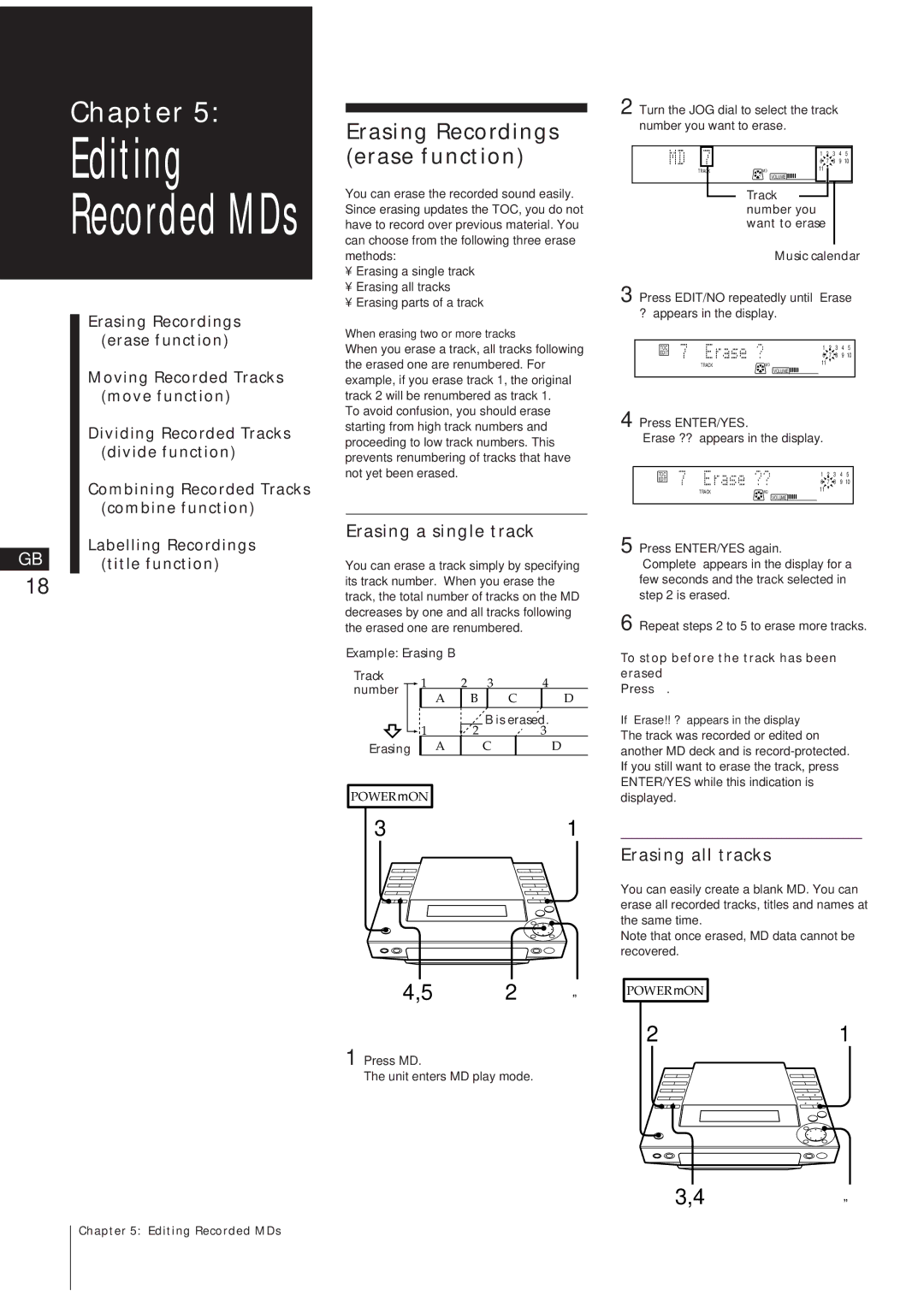 Sony MJ-L1A manual Erasing Recordings erase function, 2 „, Erasing a single track, Erasing all tracks 