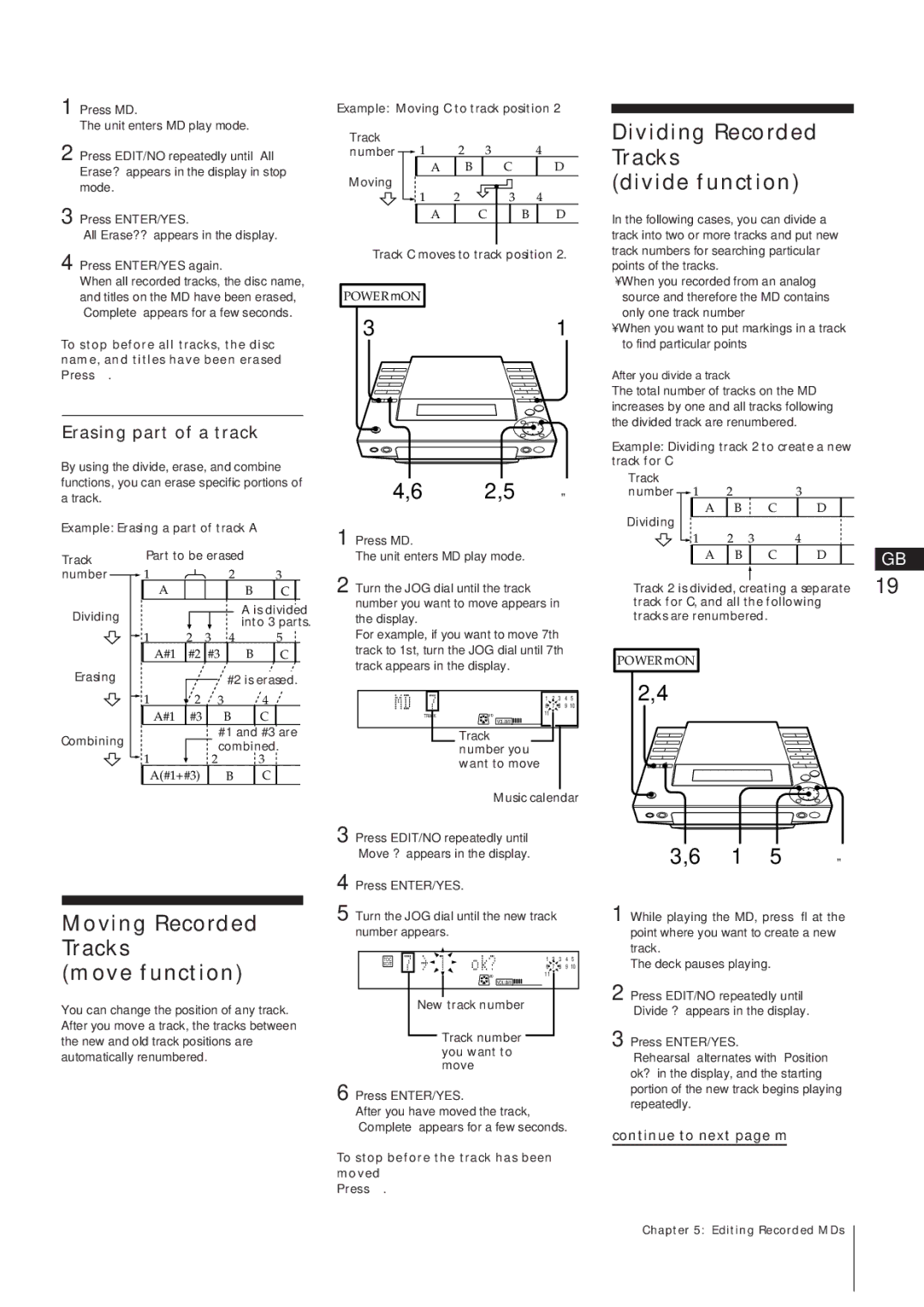 Sony MJ-L1A manual Dividing Recorded Tracks Divide function, Moving Recorded Tracks Move function, Erasing part of a track 