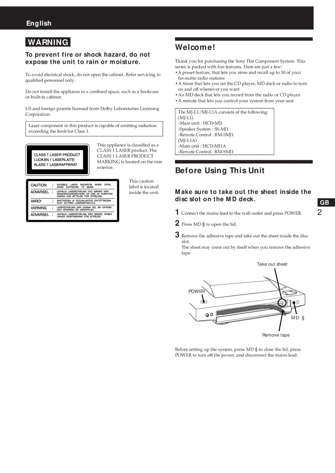 Sony MJ-L1A manual Welcome, Before Using This Unit, Take out sheet, MD § Remove tape 