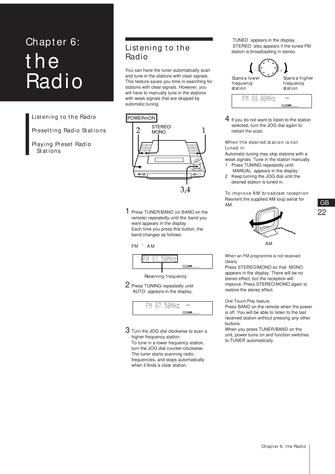 Sony MJ-L1A manual Listening to Radio, When the desired station is not tuned, To improve AM broadcast reception 