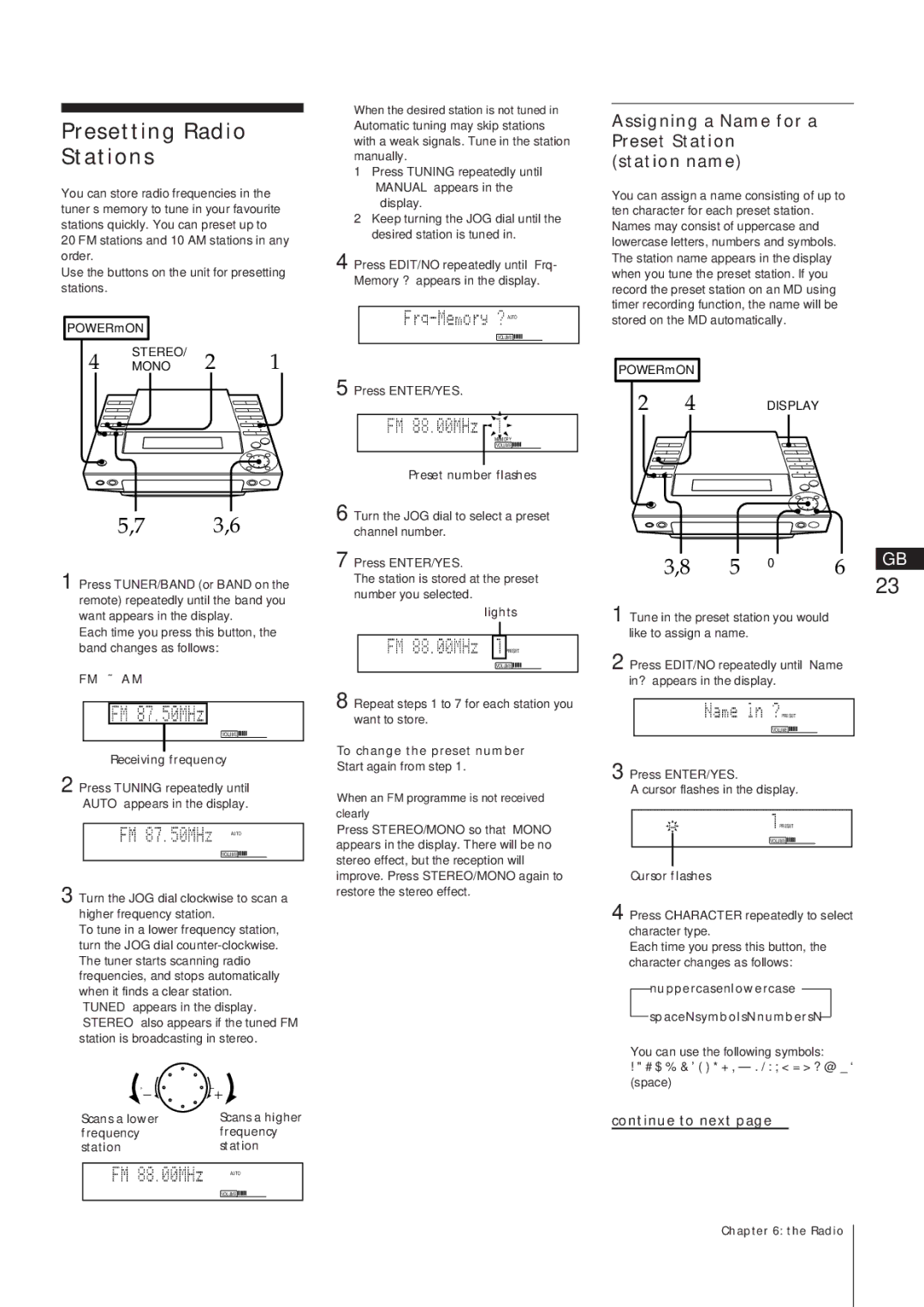 Sony MJ-L1A manual Presetting Radio Stations, 3,6, Assigning a Name for a Preset Station station name, Cursor flashes 