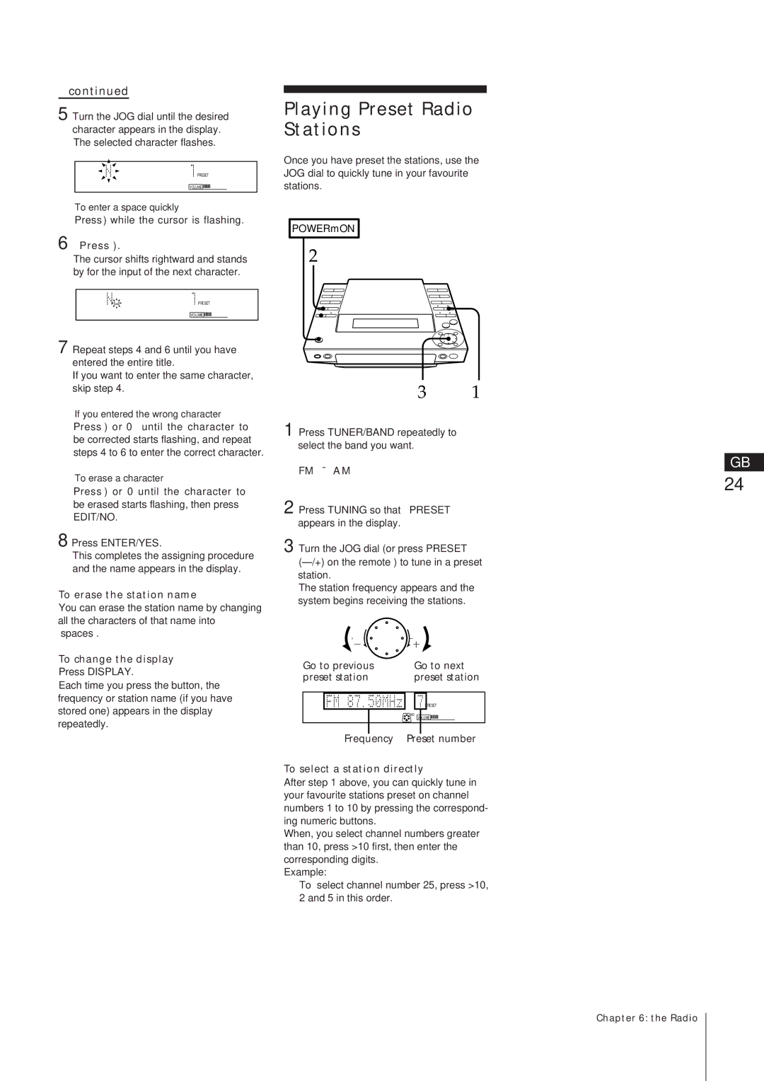 Sony MJ-L1A manual Playing Preset Radio Stations, To erase the station name, To change the display, Frequency 