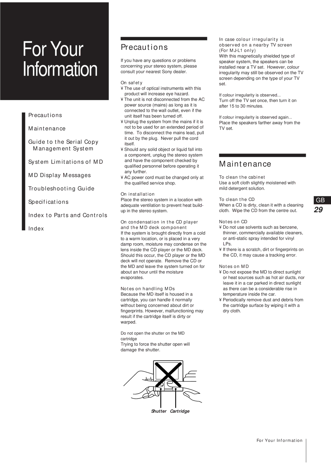 Sony MJ-L1A manual Precautions, Maintenance 