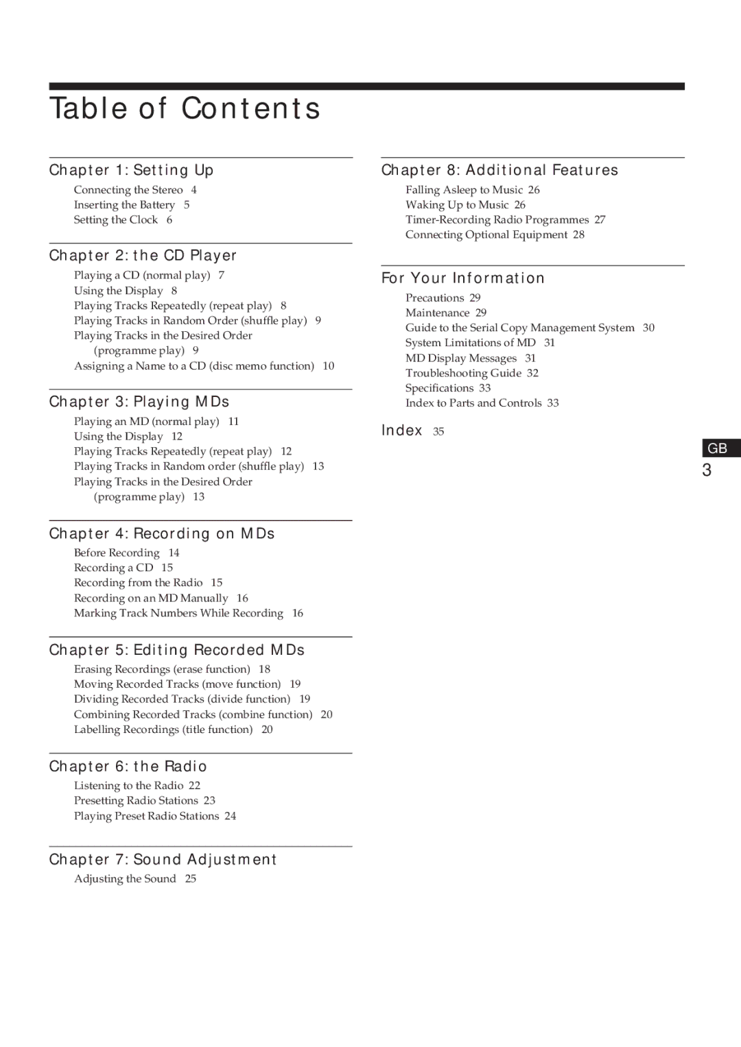 Sony MJ-L1A manual Table of Contents 