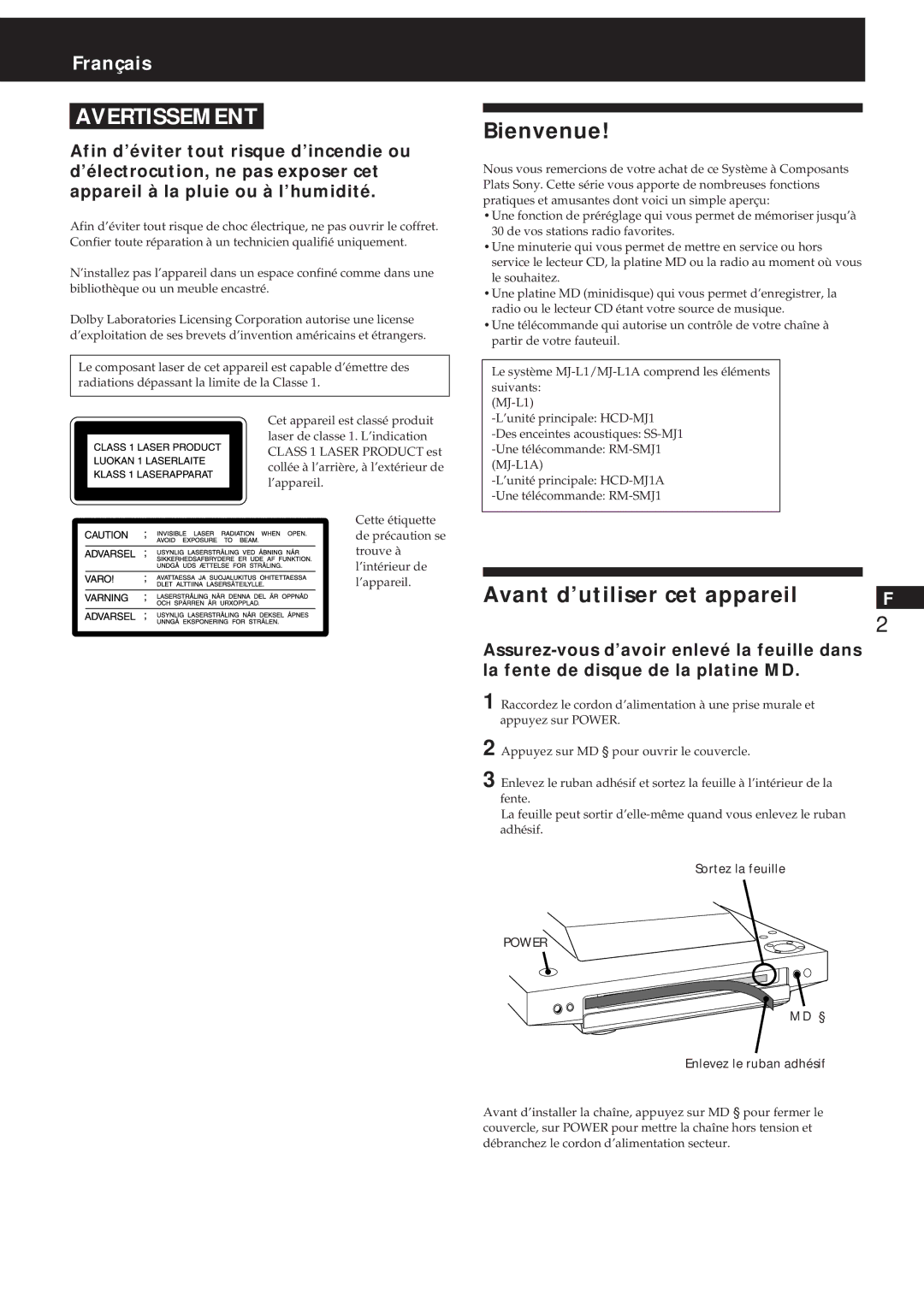 Sony MJ-L1A manual Bienvenue, Avant d’utiliser cet appareil, Sortez la feuille, MD § Enlevez le ruban adhésif 