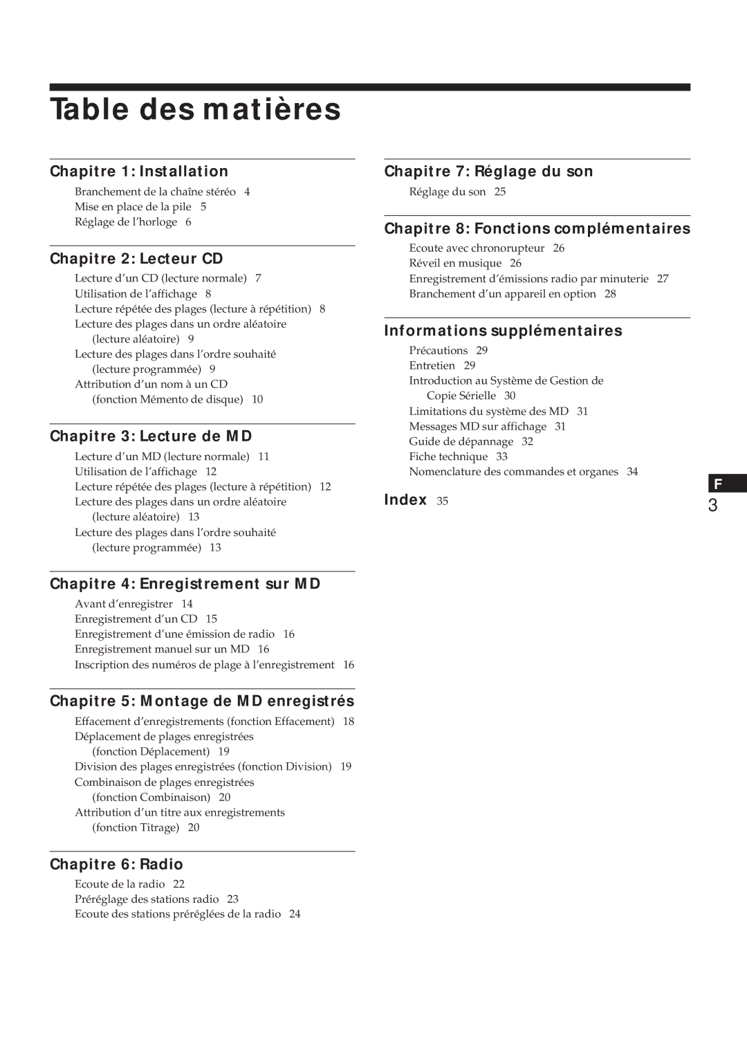 Sony MJ-L1A manual Table des matières 