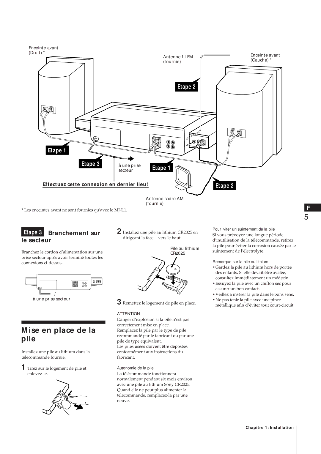 Sony MJ-L1A manual Mise en place de la pile, Branchement sur, Le secteur 