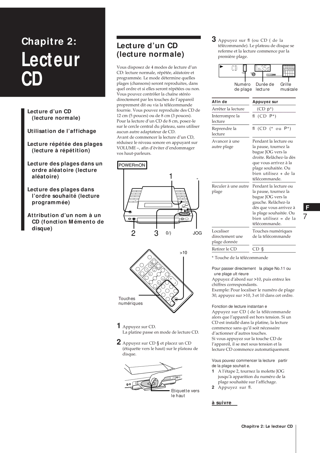 Sony MJ-L1A manual Lecture d’un CD lecture normale, Numéro Durée de Grille De plage Lecture Musicale, Touches numériques 