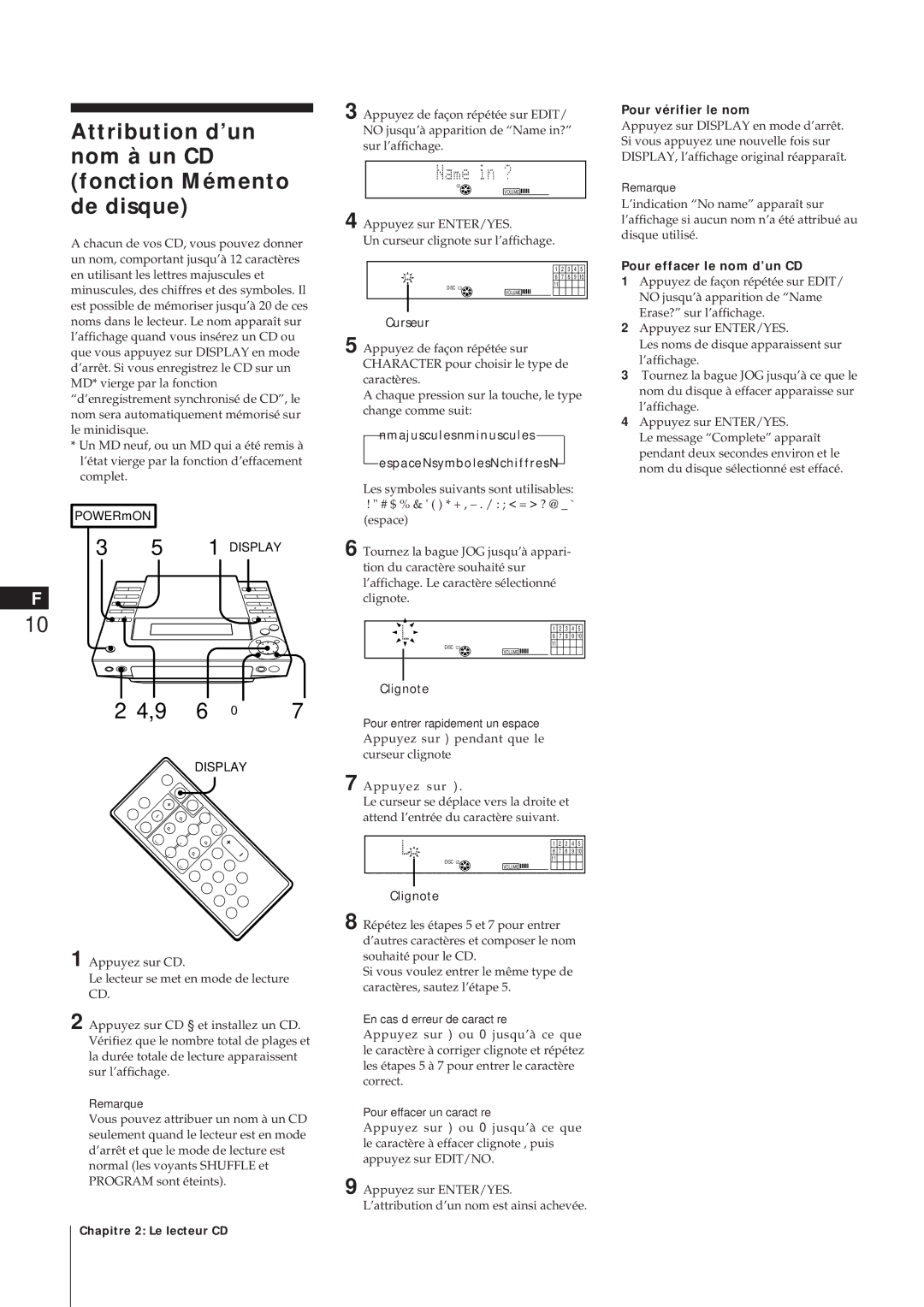 Sony MJ-L1A manual Attribution d’un nom à un CD fonction Mémento de disque, Curseur, Pour vérifier le nom 