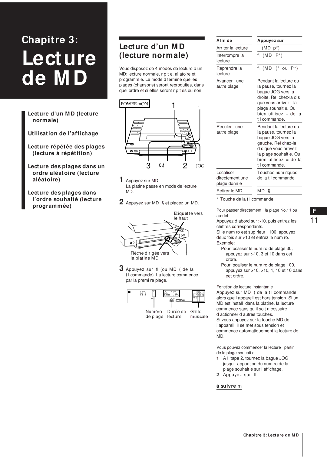 Sony MJ-L1A manual Lecture d’un MD lecture normale, Etiquette vers le haut Flèche dirigée vers la platine MD 