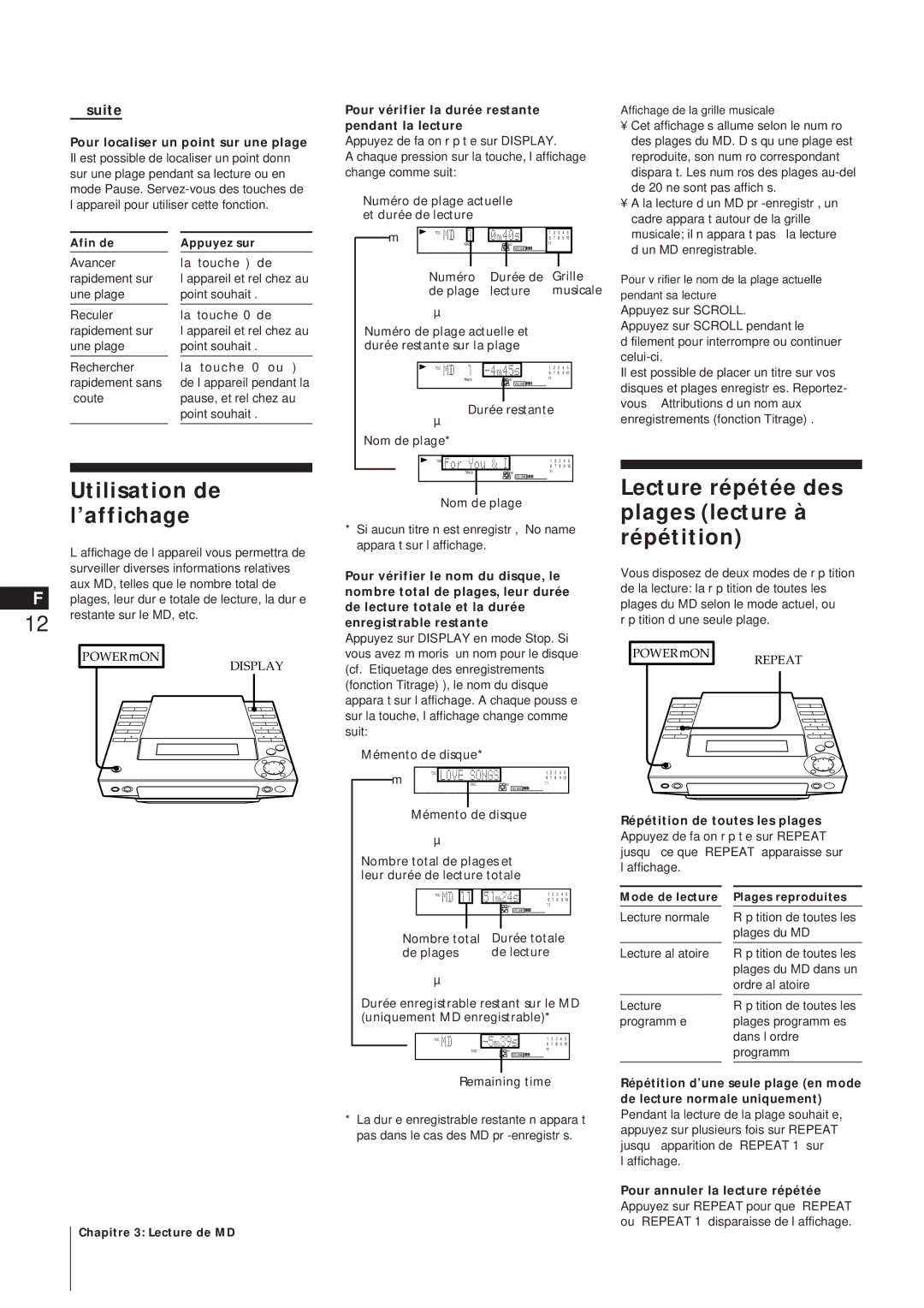 Sony MJ-L1A manual Durée restante Nom de plage 