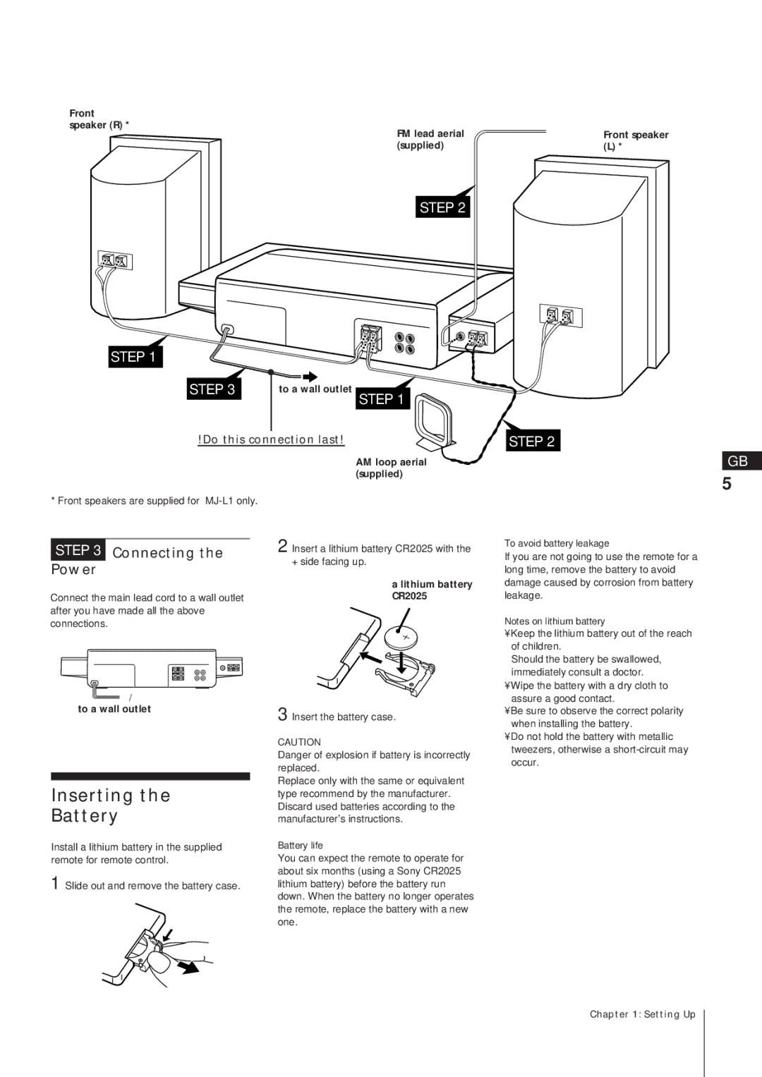 Sony MJ-L1A Inserting Battery, Connecting Power, Front Speaker R FM lead aerial supplied, To a wall outlet, Front speaker 