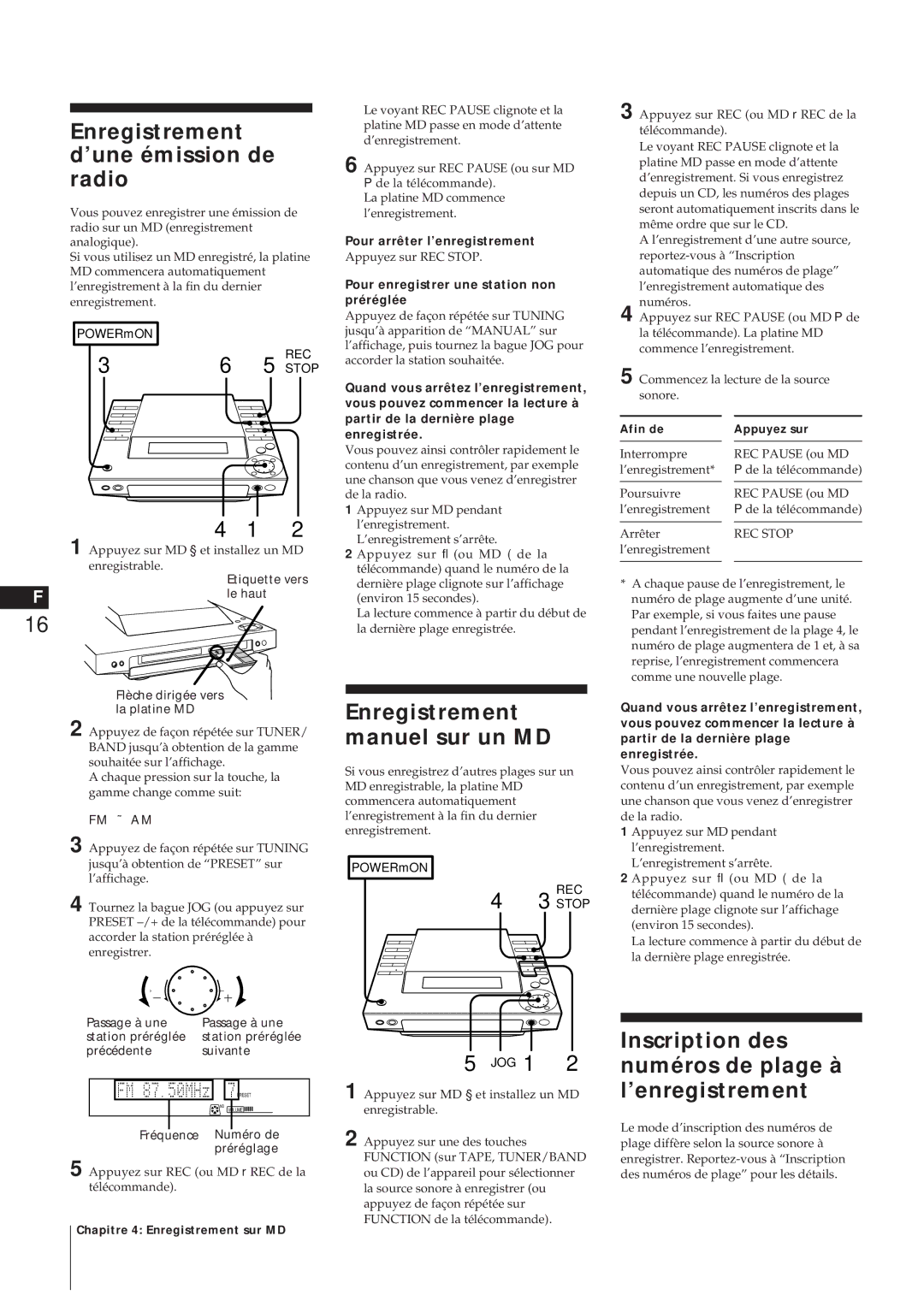 Sony MJ-L1A manual Enregistrement d’une émission de radio, Enregistrement manuel sur un MD 