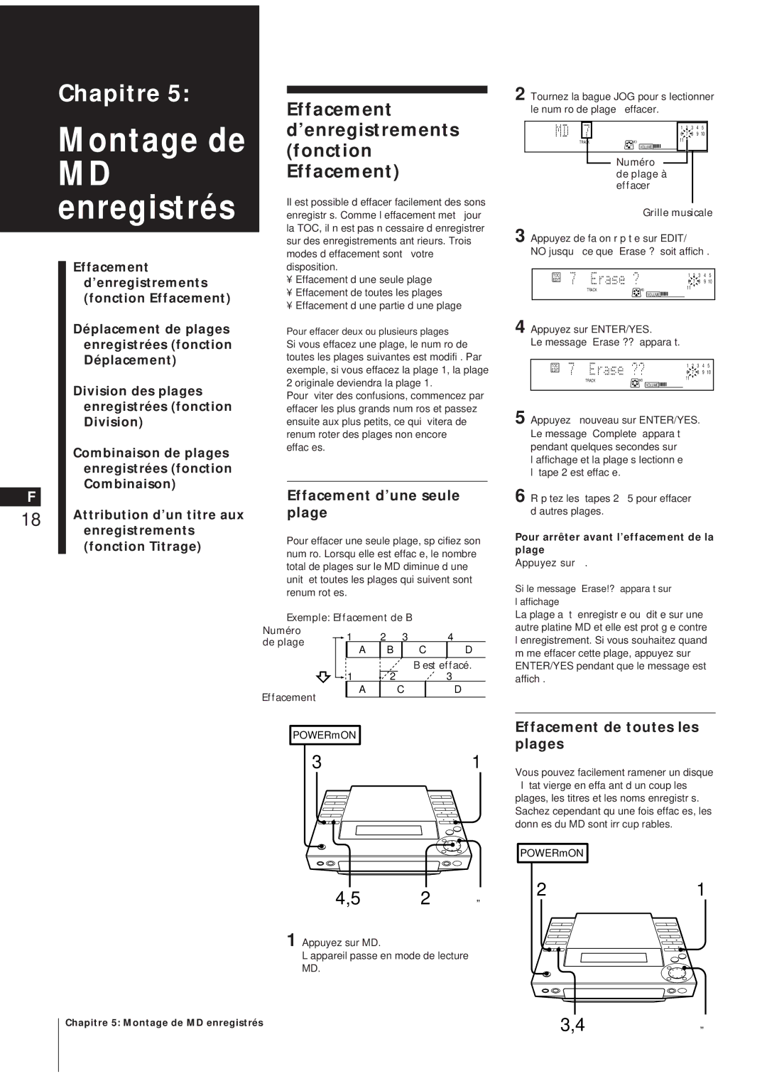 Sony MJ-L1 Effacement d’enregistrements fonction Effacement, Effacement d’une seule plage, Effacement de toutes les plages 