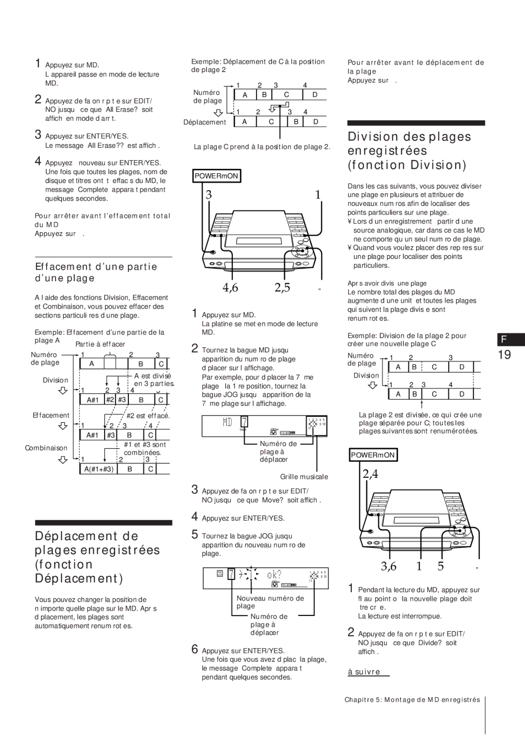 Sony MJ-L1A manual Division des plages enregistrées fonction Division, 2,5, Effacement d’une partie d’une plage 