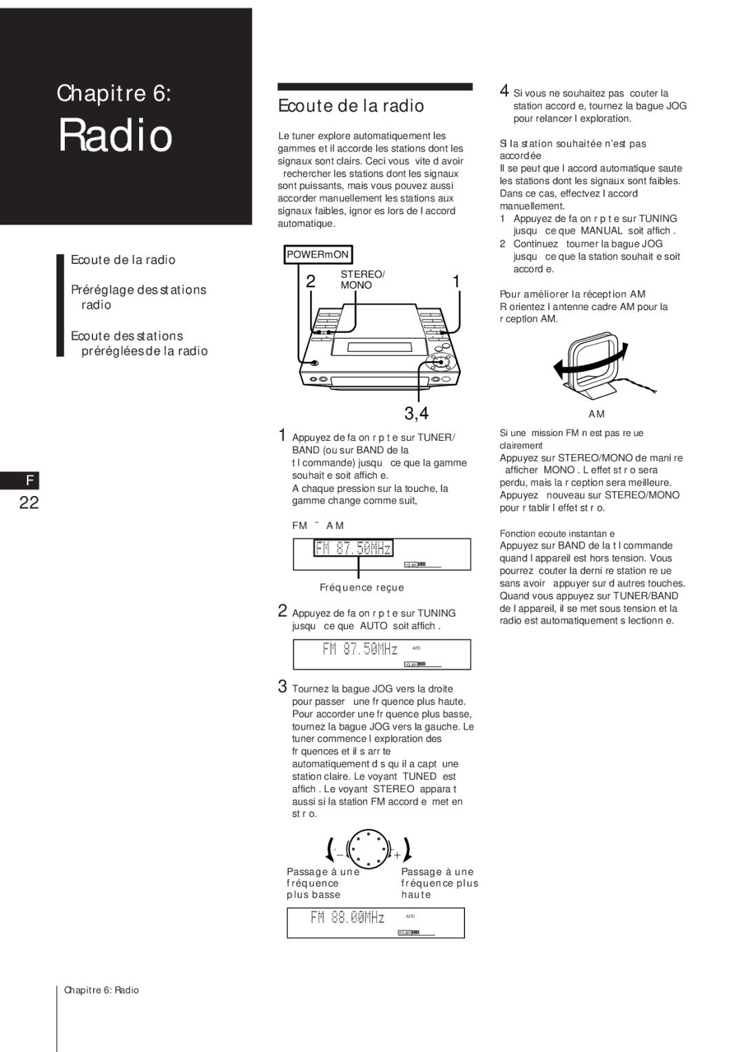 Sony MJ-L1A manual Ecoute de la radio, Fréquence reçue, Passage à une Fréquence Fréquence plus Plus basse Haute 